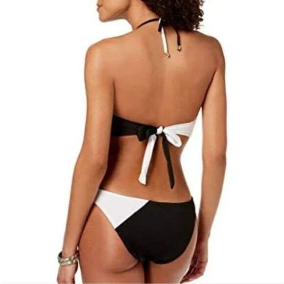 Bar III Women's Colorblock Plunging Halter Neck Black White Swimsuit XL - Picture 2 of 8